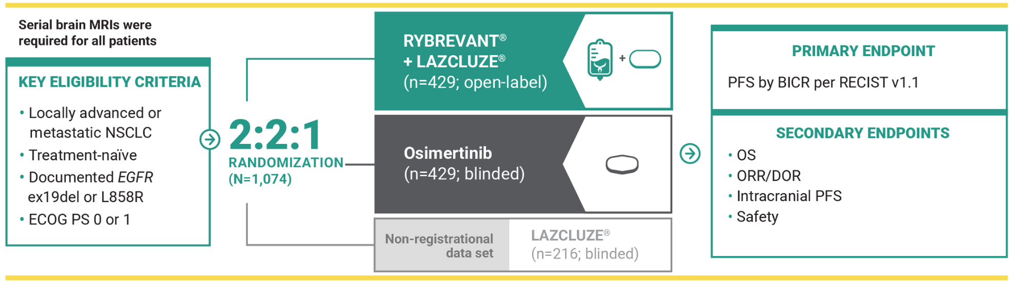 Largest phase 3 trial with serial brain MRIs for all patients, ensuring accurate detection of CNS progression in 1L EGFR+ disease bar chart